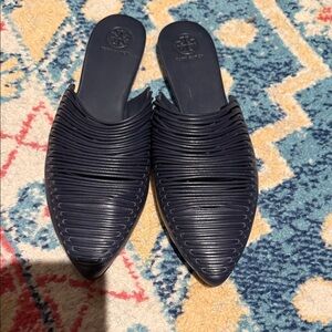 Tory Burch Navy Textured Pointed Slip-On Mules
